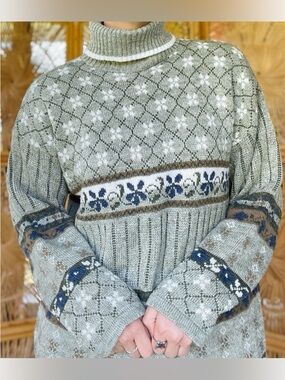 Vintage Private Eyes Sage Green Blue Flower Fair Isle Turtleneck Sweater M
